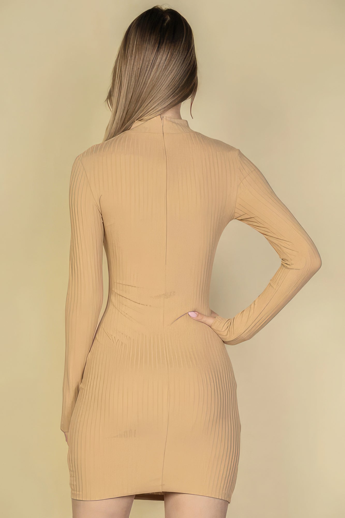 Ribbed Cut Out Front Long Sleeve Bodycon Mini Dress