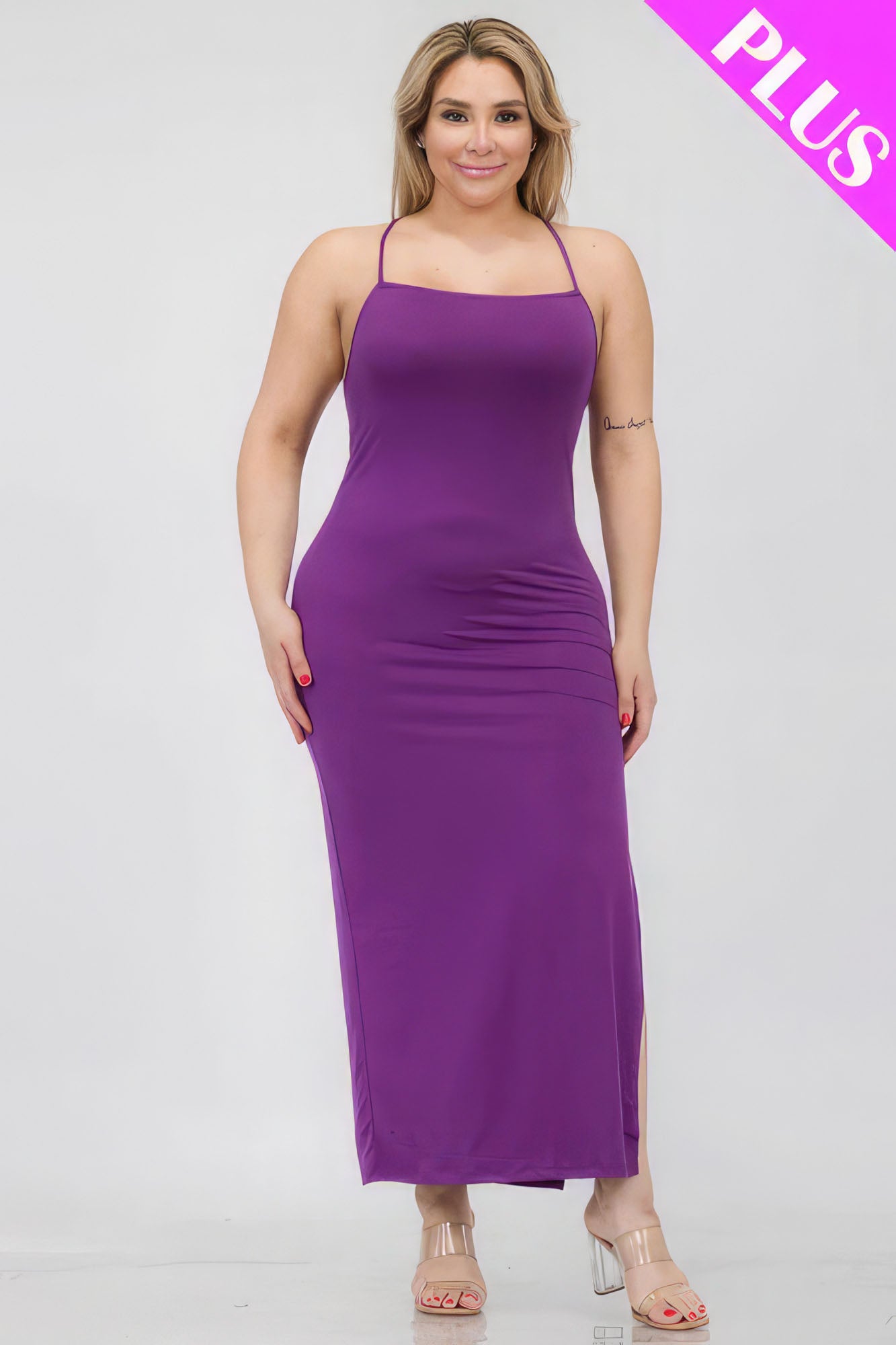 Plus Size Crisscross Back Split Thigh Maxi Dress