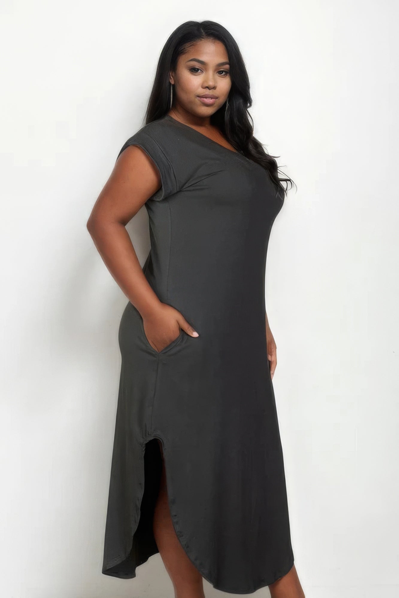 Plus Size Hidden Pocket Batwing Sleeve V Neck Long Dress